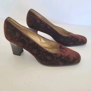 Yves Saint Laurent YSL‎ Shoes Block Suede Size 5 35 Leather Heels Brown Floral